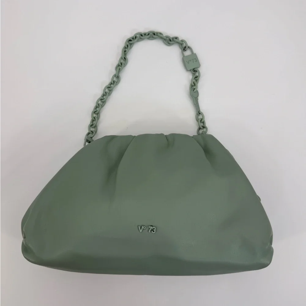 V°73 Sage Green Ruched Shoulder Bag with Chain Strap Soft Pebble Leather Purse